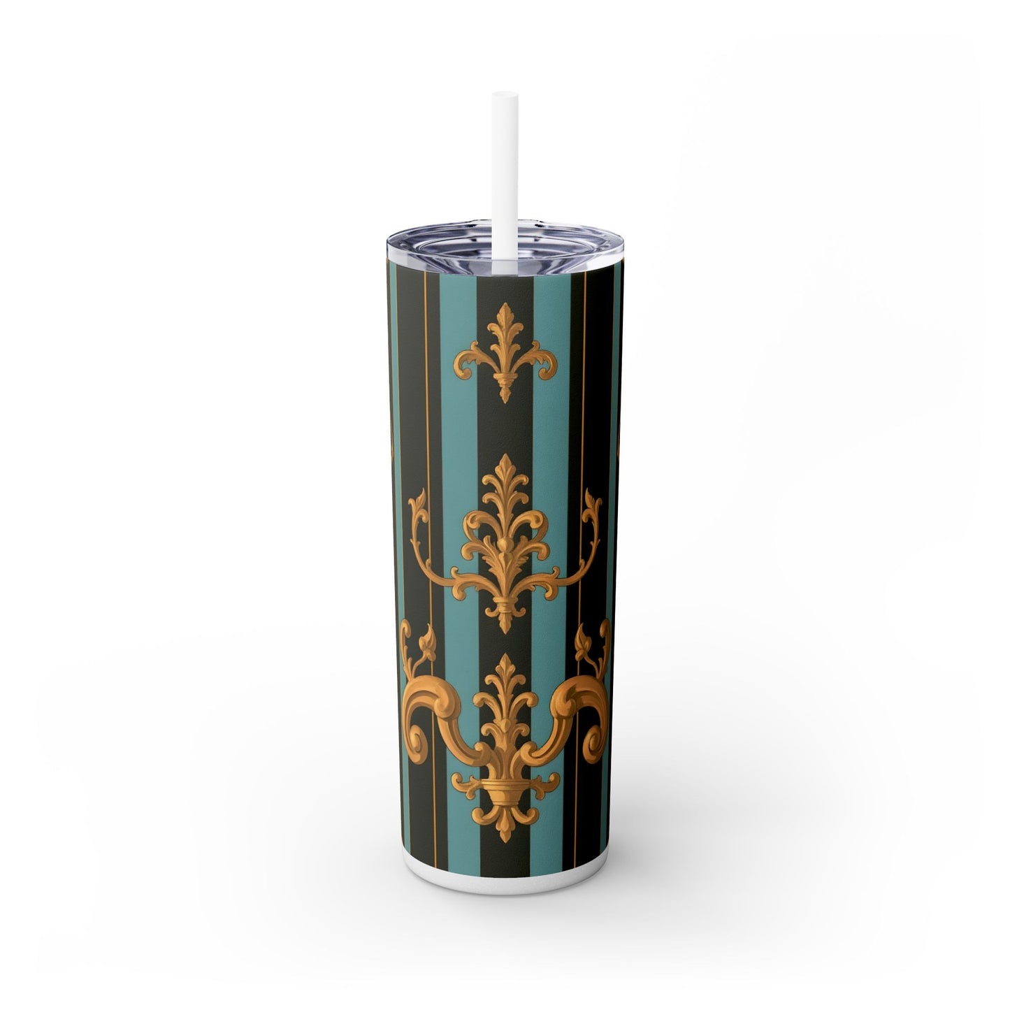 Elegant Vintage Skinny Tumbler with Straw, 20oz | Gold Floral Pattern, Reusable Drinkware, Perfect for Home - Black & Turquoise Striped Baroque
