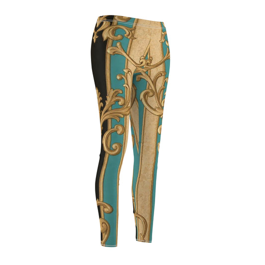 Black, Tan & Ocean Green Striped Gold Baroque Women's Leggings, Casual Stretch Pants, Fashionable Activewear, Unique Gift for Her