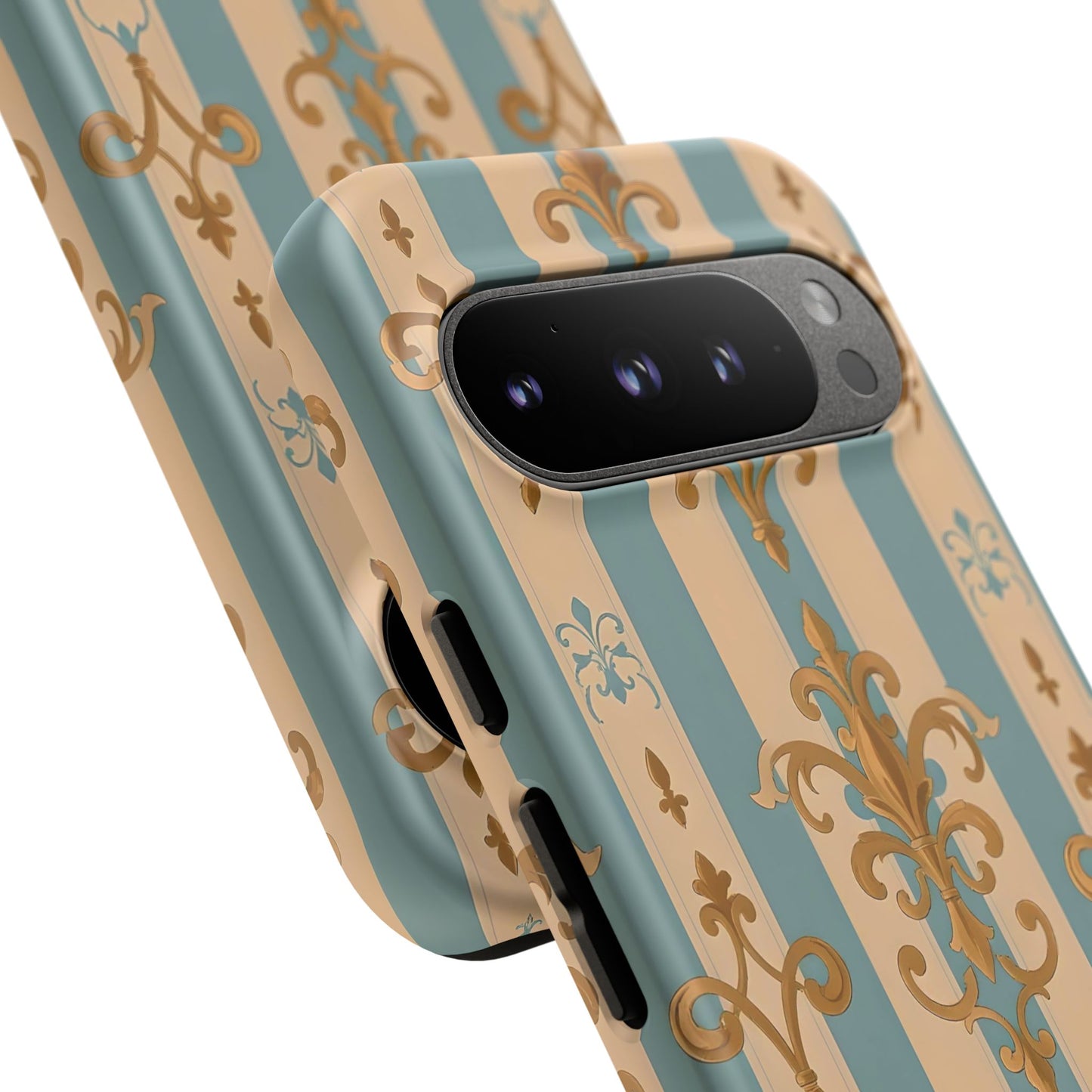 Elegant Floral Motif Phone Case - Tough Cases with Vintage Design -  Beige & Sky Blue Striped Gold Damask