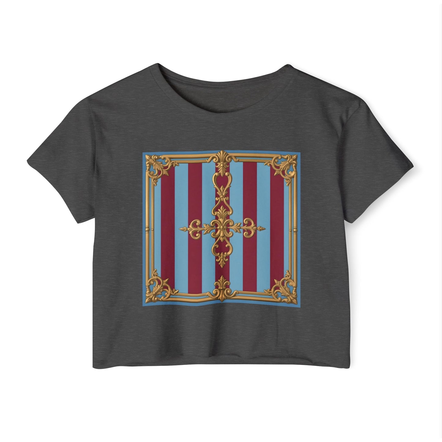 Women's Baroque Festival Crop Top, Summer Crop Tee, Casual Festival Wear, Concert Top, Eco-Friendly Fashion - Sky Blue & Maroon Striped Baroque