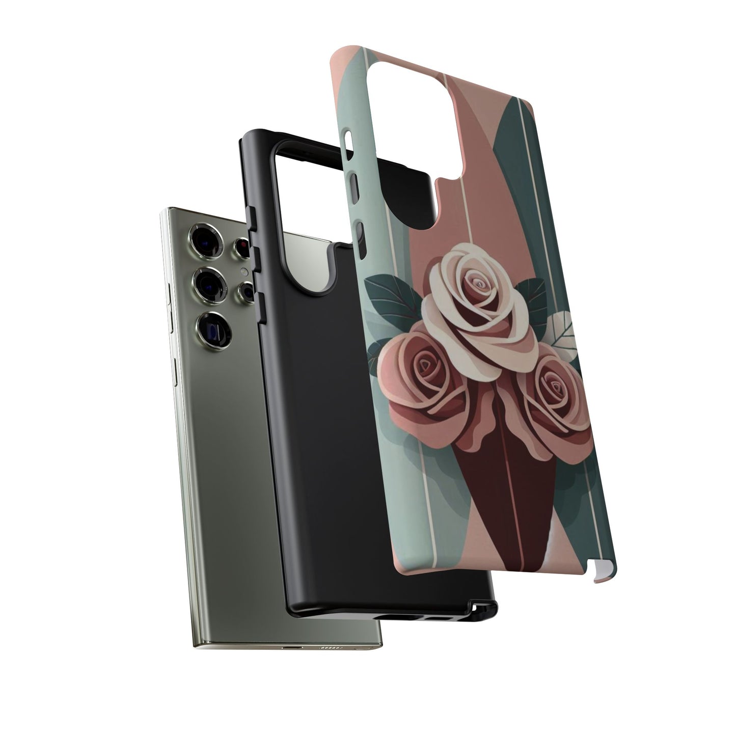 Phone Case - Burgundy, Matte Mauve & Teal Surfboard & Roses Design