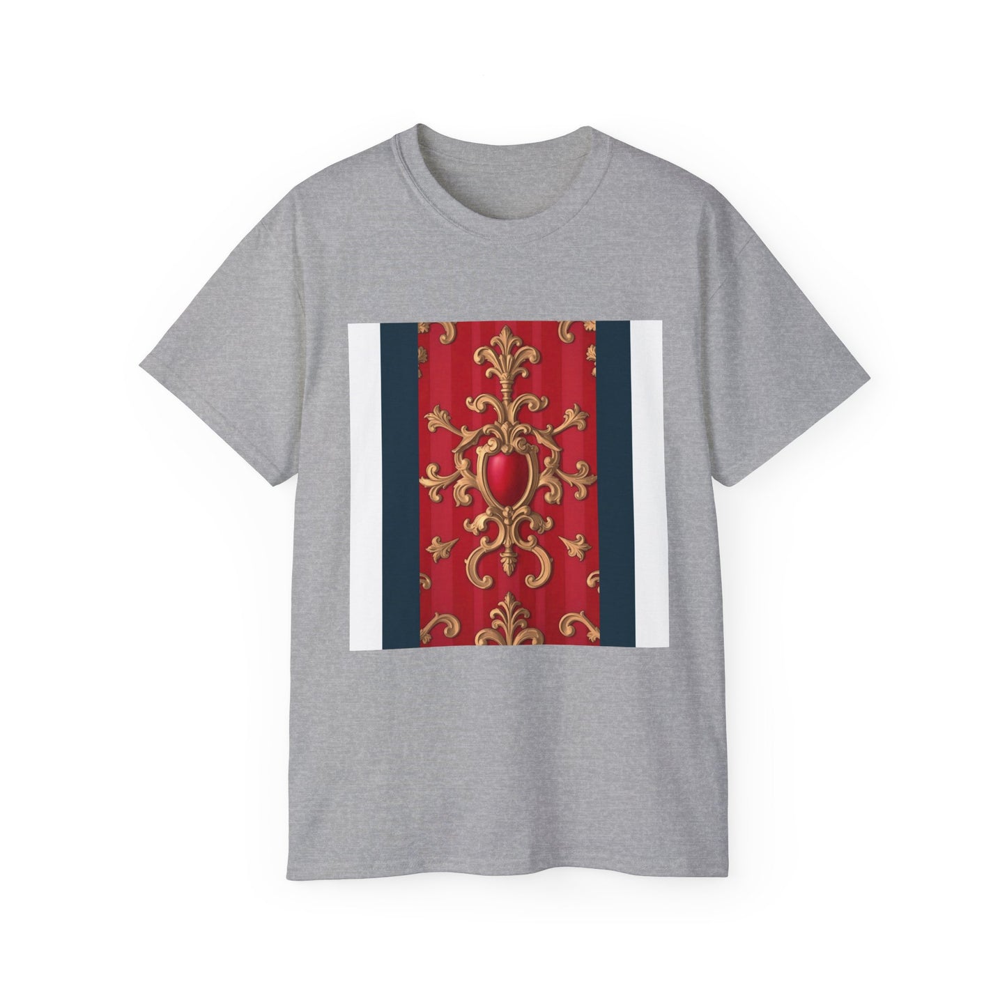 Regal Red Baroque T-Shirt, Artistic Tee, Gift for Art Lovers, Fashionable Statement Shirt, Unique Graphic Top - Blue, Red & White Striped Baroque