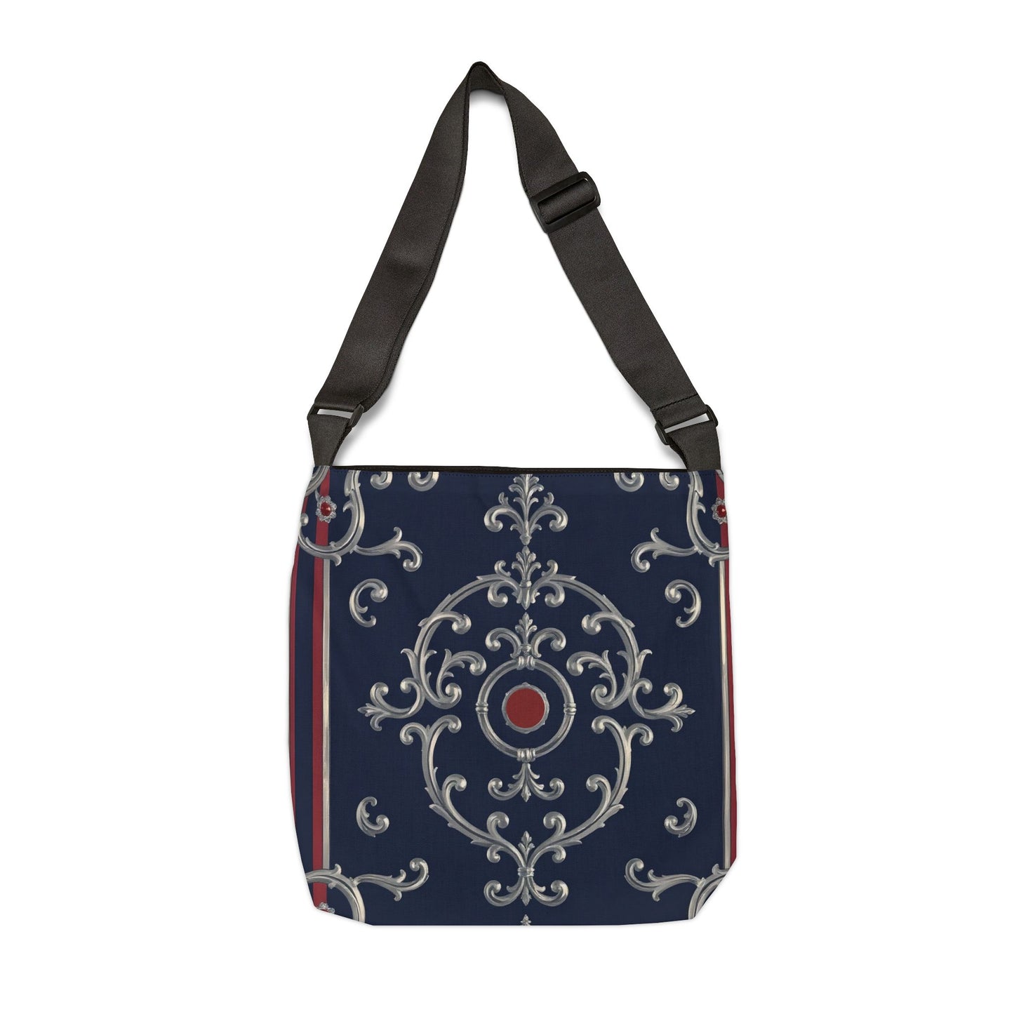 Elegant Adjustable Tote Bag – Stylish Handbag for Everyday Use, Chic Shopping Bag, Perfect for Gifts, Travel or Events - Blue & Red Silver Baroque