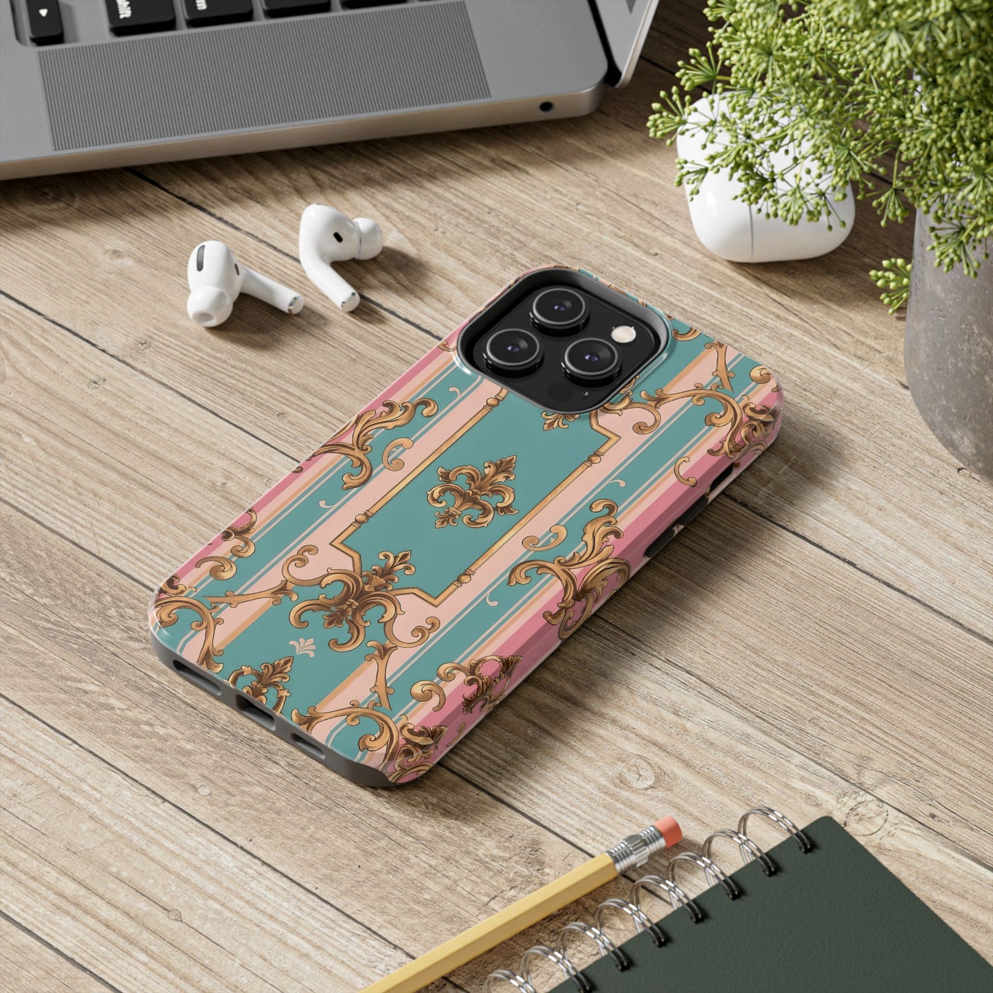 Elegant Floral Tough Phone Case, Artistic Phone Cover, Gift for Her, Chic Phone Accessory - Pink & Matte Turquoise Striped Rococo