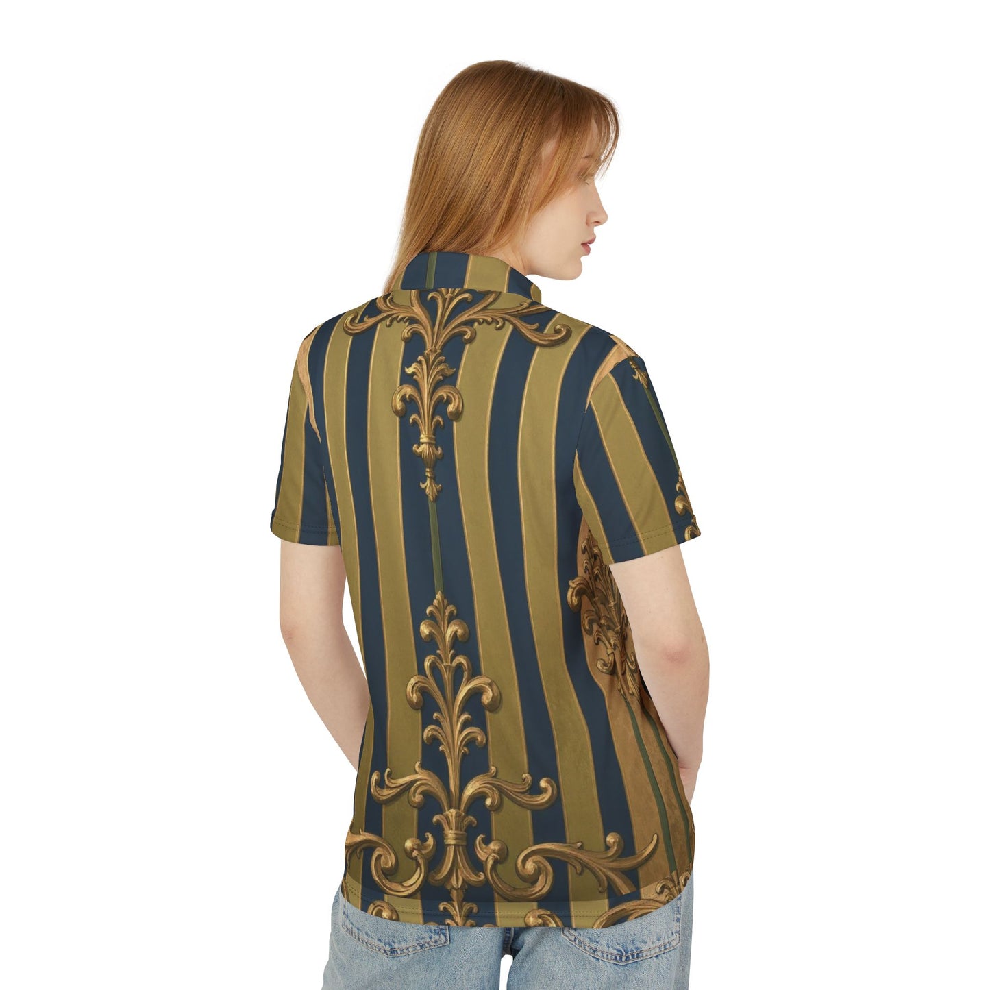 Elegant Midnight Blue & Olive Striped Vintage-Inspired Unisex Polo Shirt, Casual Chic Shirt, Summer Wear, Gift for Him/Her