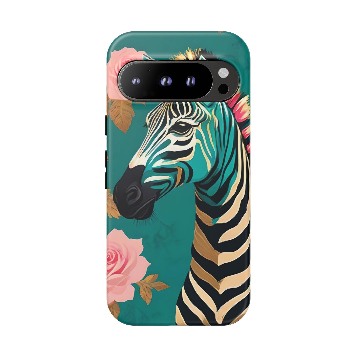 Phone Case - Elegant Teal & Gold Zebra & Roses Design