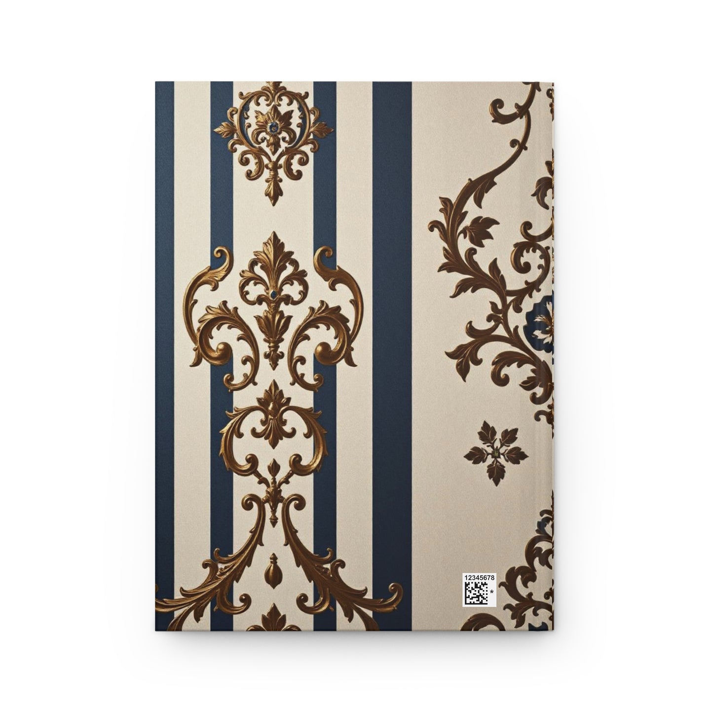 Elegant Floral Motif Hardcover Journal - Stylish Writing Notebook - Alabaster & Blue Striped Damask Design