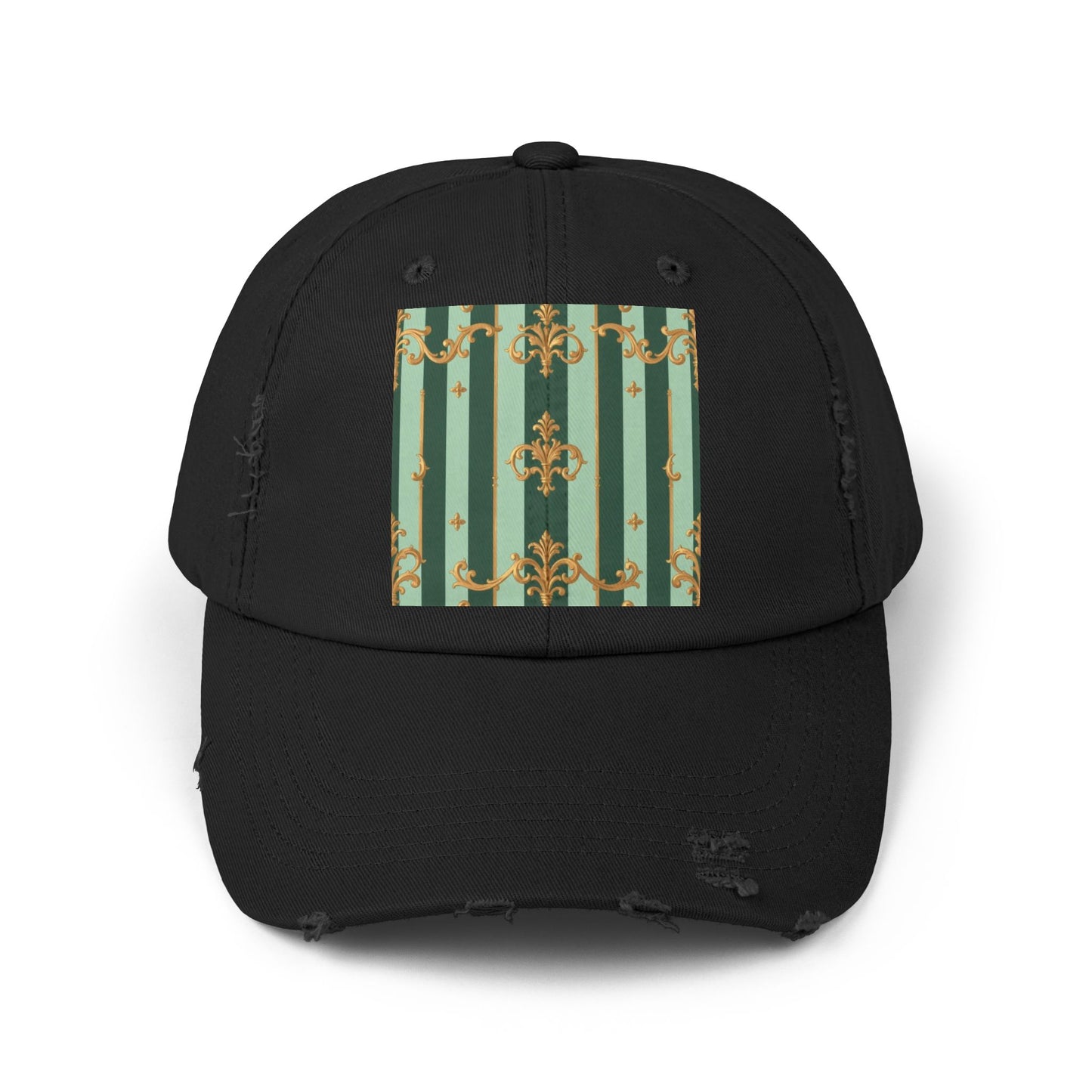 Vintage Chic Unisex Distressed Cap - Fashion Hat, Casual Headwear, Trendy Accessory, Gift for Him/Her - Mint Green & Teal Striped Gold Baroque