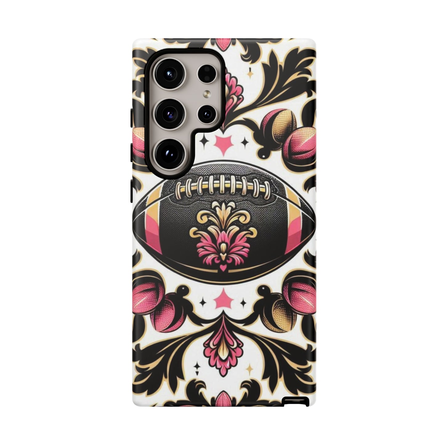 Elegant Floral Motif Phone Case - Tough Cases with Vintage Design - Damask White, Pink Gold & Black Football