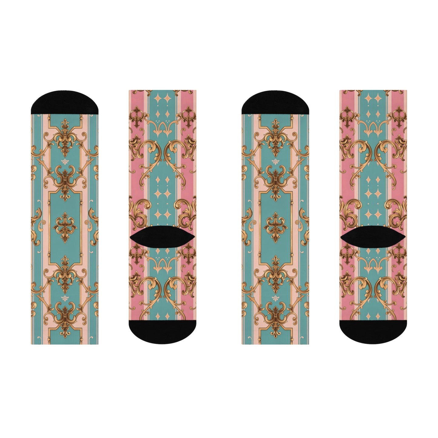 Stylish Cushioned Crew Socks, Comfortable Fashion Socks, Decorative Crew Length Socks - Pink & Matte Turquoise Striped Rococo