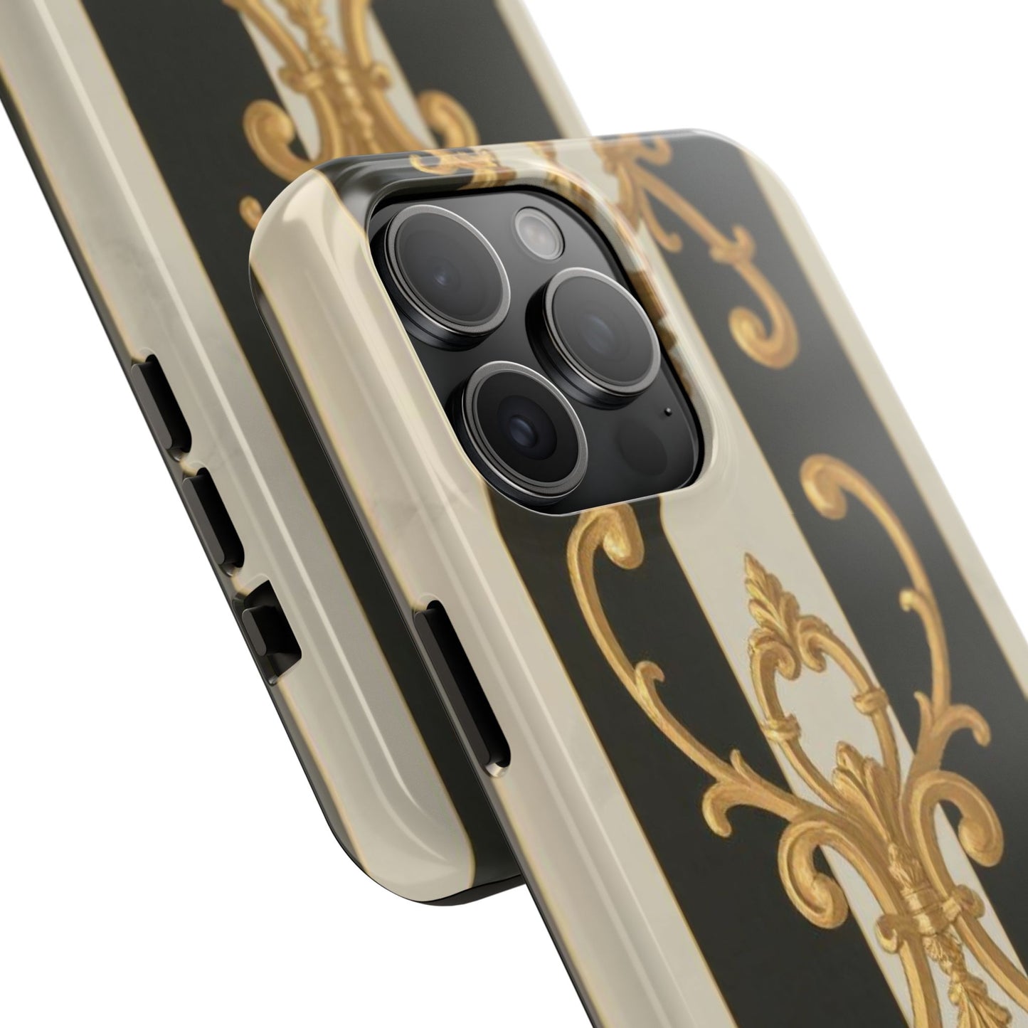 Elegant Black & Alabaster Striped Baroque Tough Phone Cases - Chic Protection, Black Gold Decor, Stylish Accessory, Gift for Her, Trendy Tech