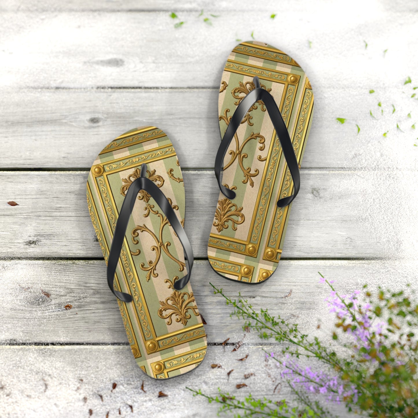 Elegant Floral Flip Flops for Summer, Beach Footwear, Stylish Sandals, Vacation Essentials, Outdoor Slip-On Shoes - Mint & Beige Striped Gold Baroque