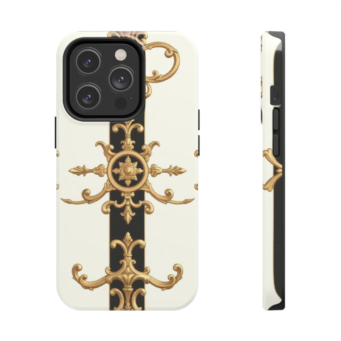 Elegant Baroque Tough Phone Case | Stylish Protection for Your Device, Gift for Her, Phone Accessories - Black & White Striped Gold Baroque
