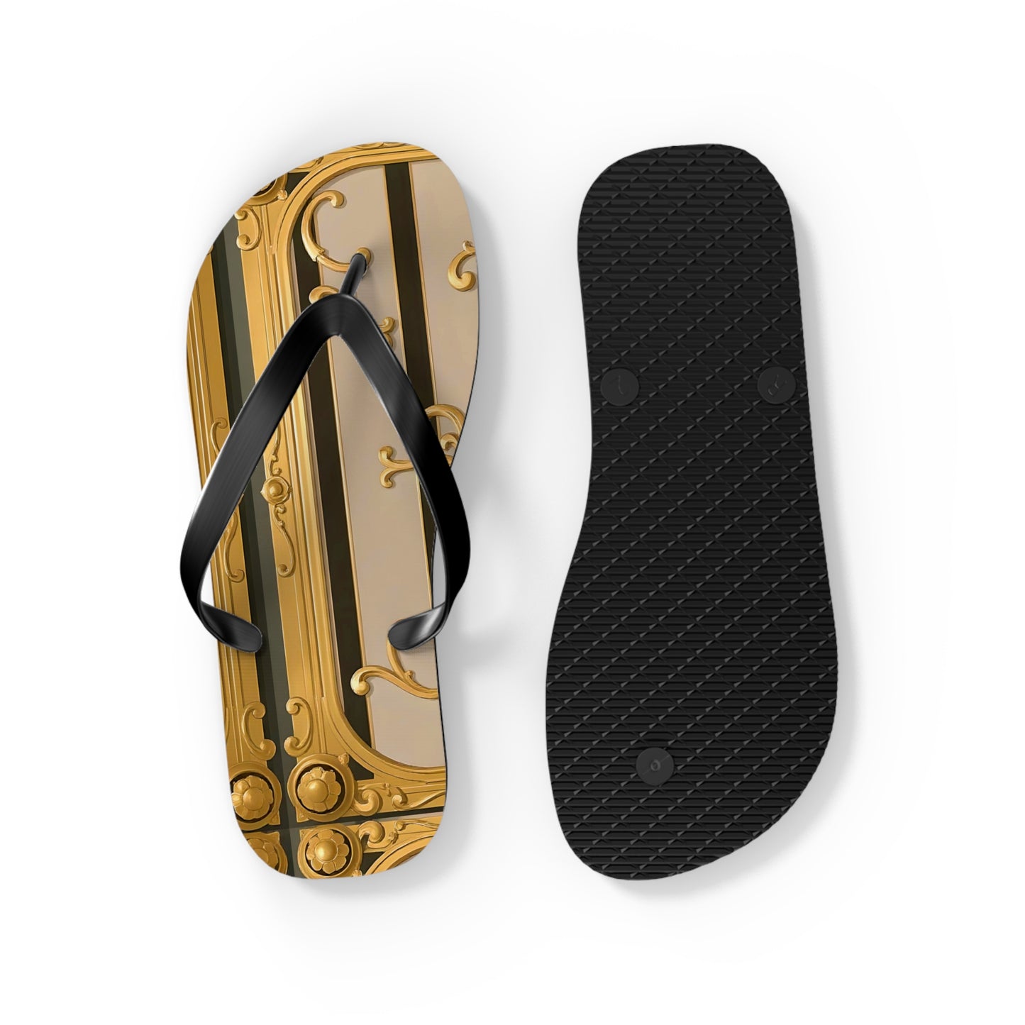 Elegant Golden Flip Flops, Summer Footwear, Beach Sandals, Vacation Essentials, Gift for Her - Beige Striped Gold Rococo