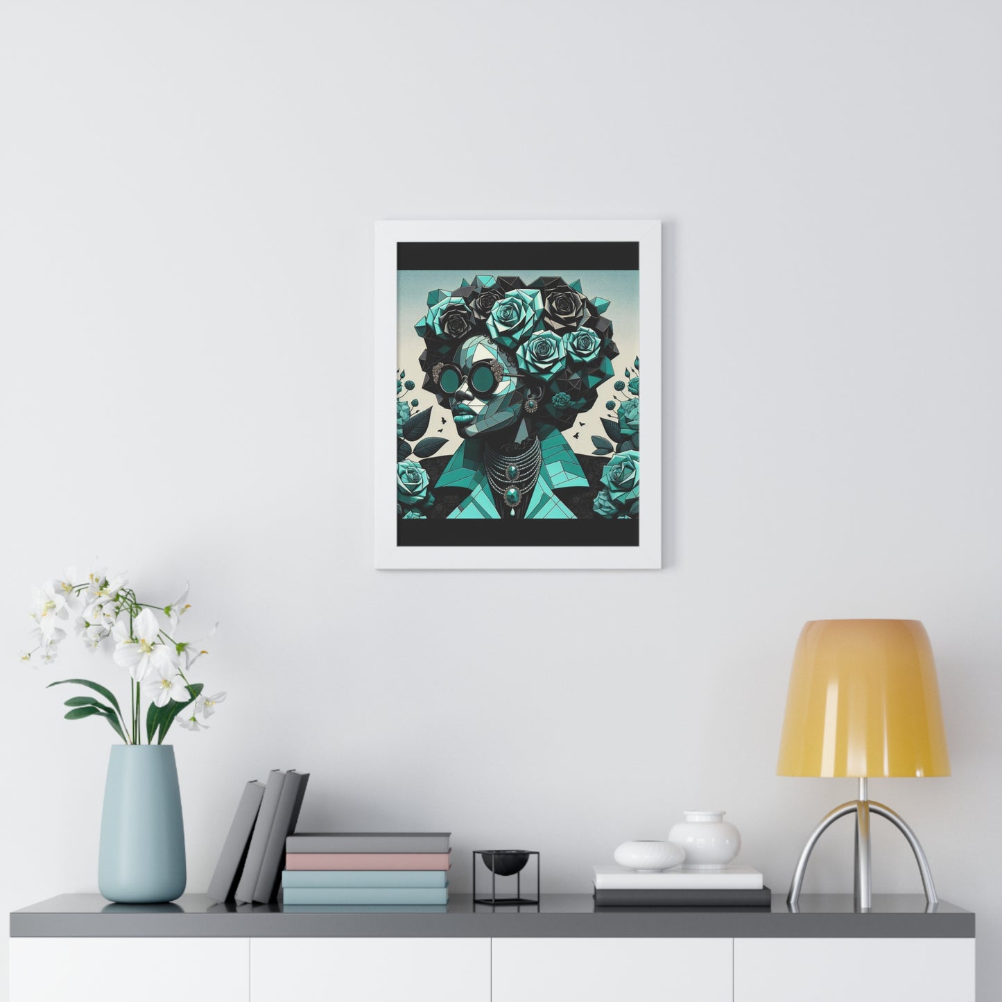 Framed Art Poster, Bohemian Home Decor, Wall Art for Living Room, Gift for Art Lovers, Unique Framed Wall Decor - Turquoise & Black Roses Lady