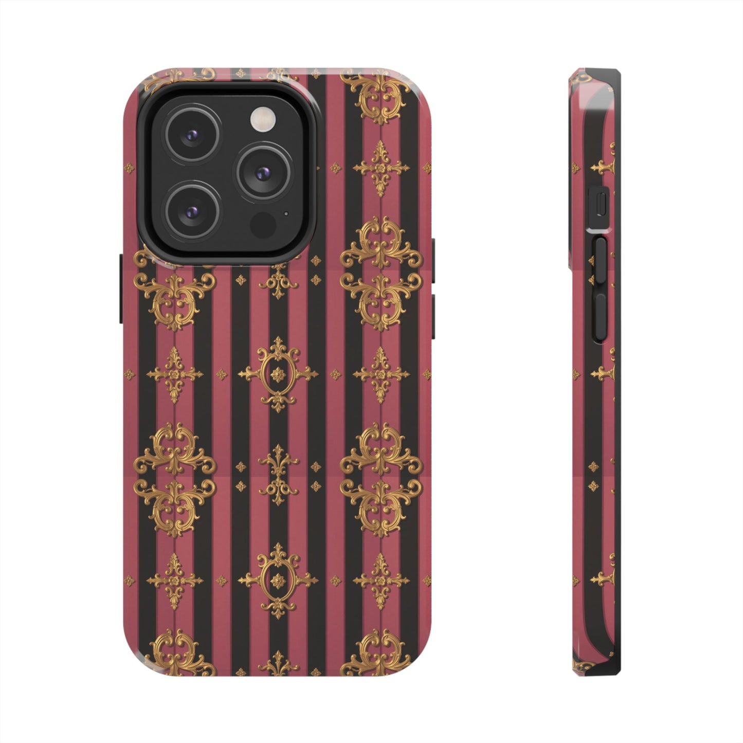 Elegant Black & Mauve Striped Gold Baroque Phone Case, Tough Phone Cases, Stylish Protective Cover, Unique Gift, Luxe Phone Accessories