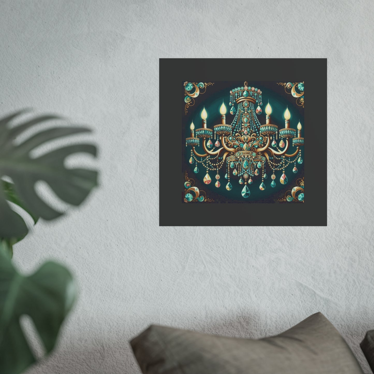 Elegant Chandelier Poster - Luxurious Wall Art for Home Décor - Teal Jeweled Chandelier