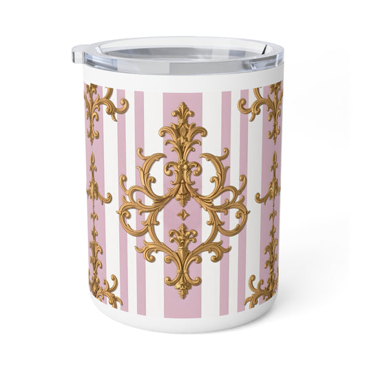 Elegant Baroque Insulated Coffee Mug, 10oz | Stylish Travel Mug, Gift for Coffee Lovers, Decorative Drinkware, Lilac and Gold Design
