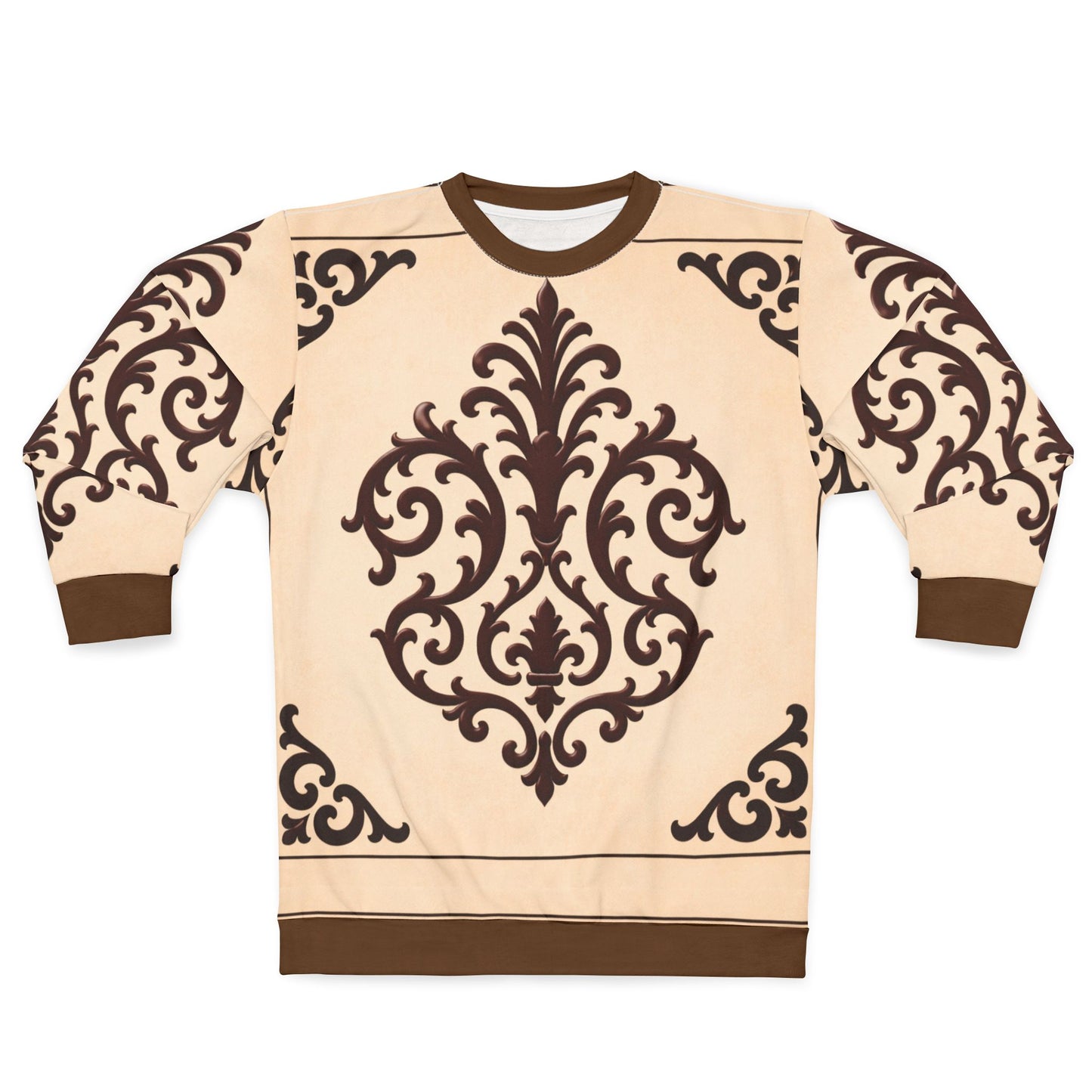 Almond-Beige & Brown Baroque Sweatshirt — Vintage Baroque Scroll Pattern All-Over Print