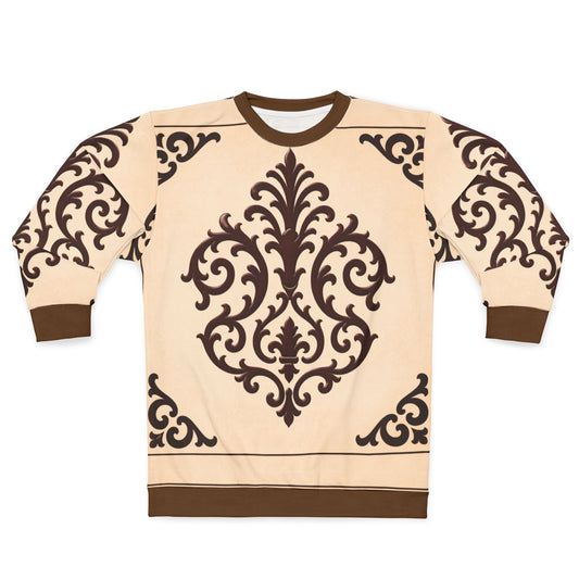 Almond-Beige & Brown Baroque Sweatshirt — Vintage Baroque Scroll Pattern All-Over Print