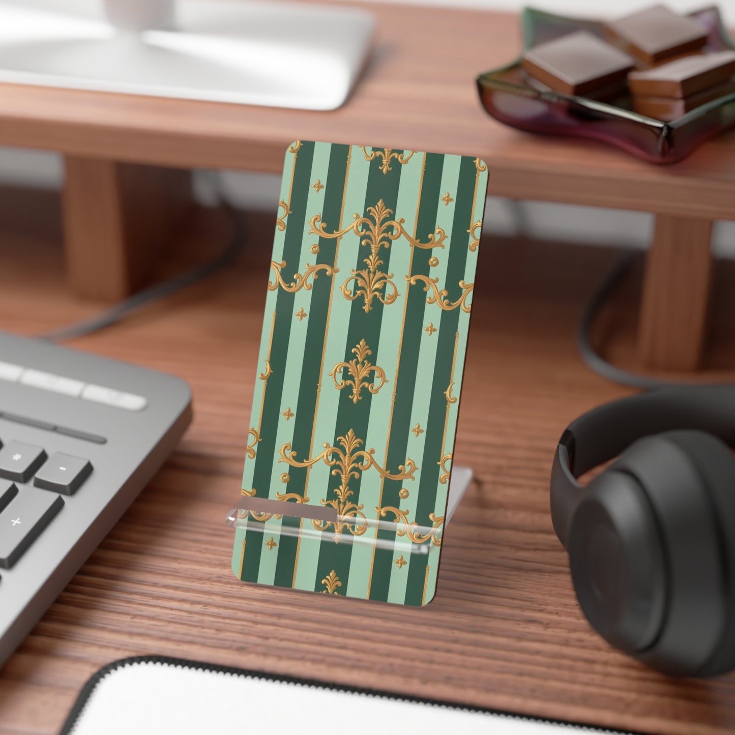 Elegant Smartphone Stand, Decorative Phone Holder, Desk Organizer, Gift for Tech Lovers - Mint Green & Teal Striped Gold Baroque