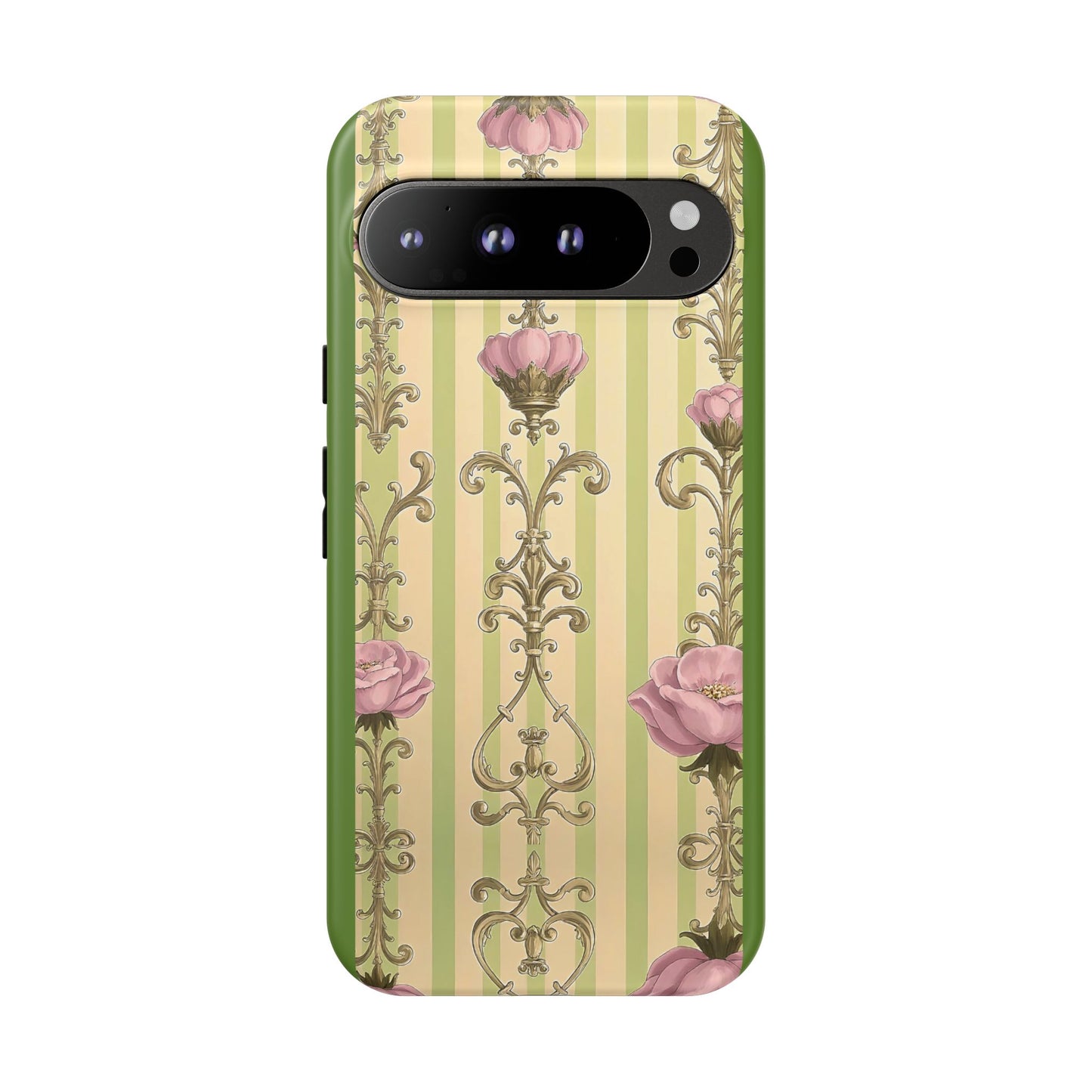 Elegant Floral Motif Phone Case - Tough Cases with Vintage Design - Lime Green & Pink Striped Damask