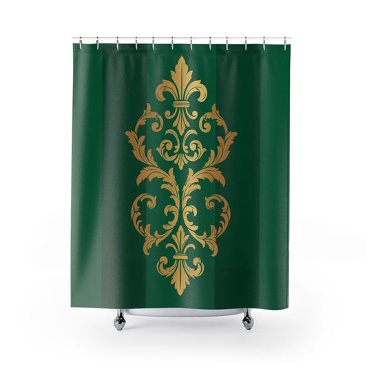 Green Striped Baroque Gold Shower Curtain — Luxurious Baroque Bath Decor