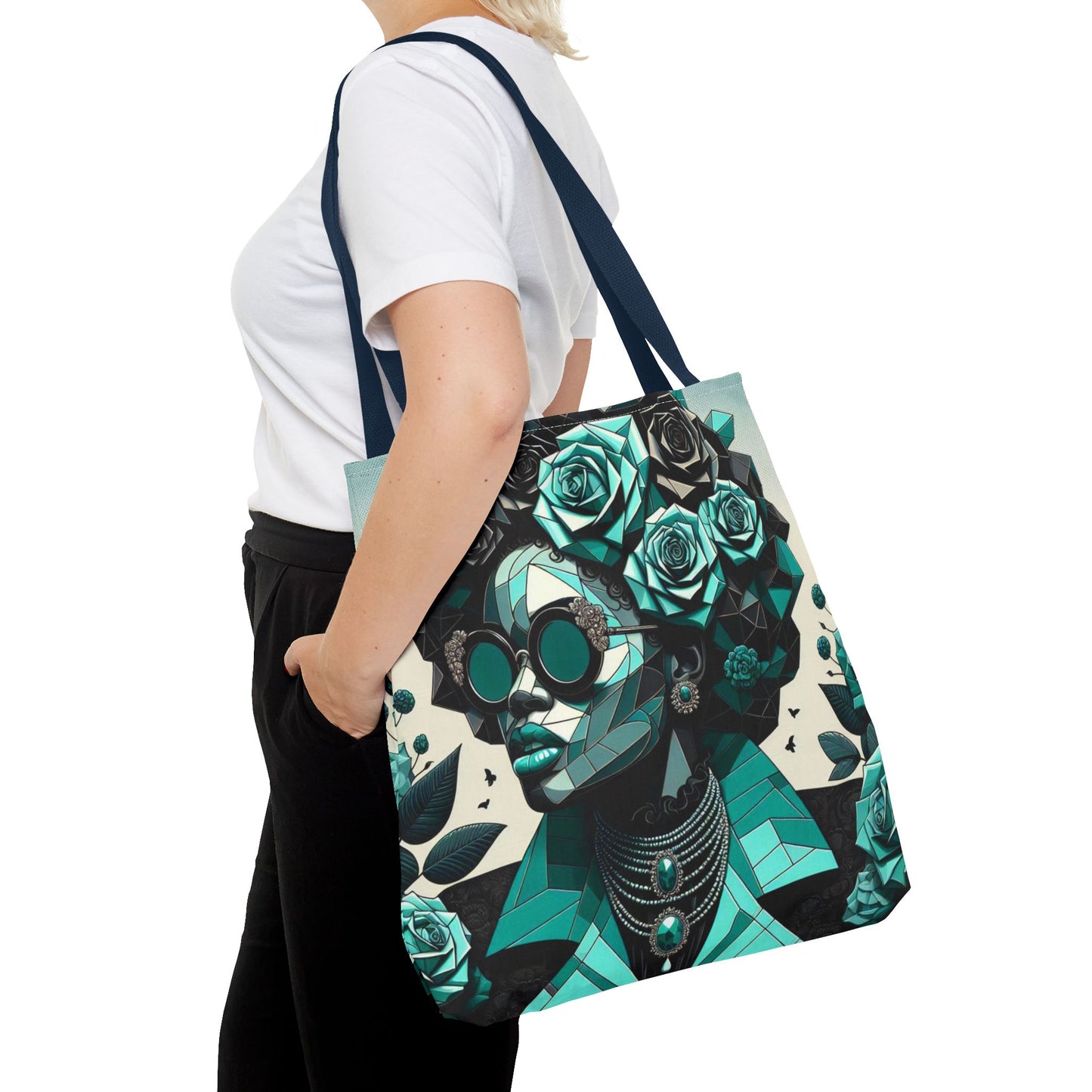 Chic Floral Tote Bag - Stylish Eco-Friendly Handbag for Everyday Use, Perfect for Gifts, Shopping, Beach, Art Lovers - Turquoise & Black Roses Lady