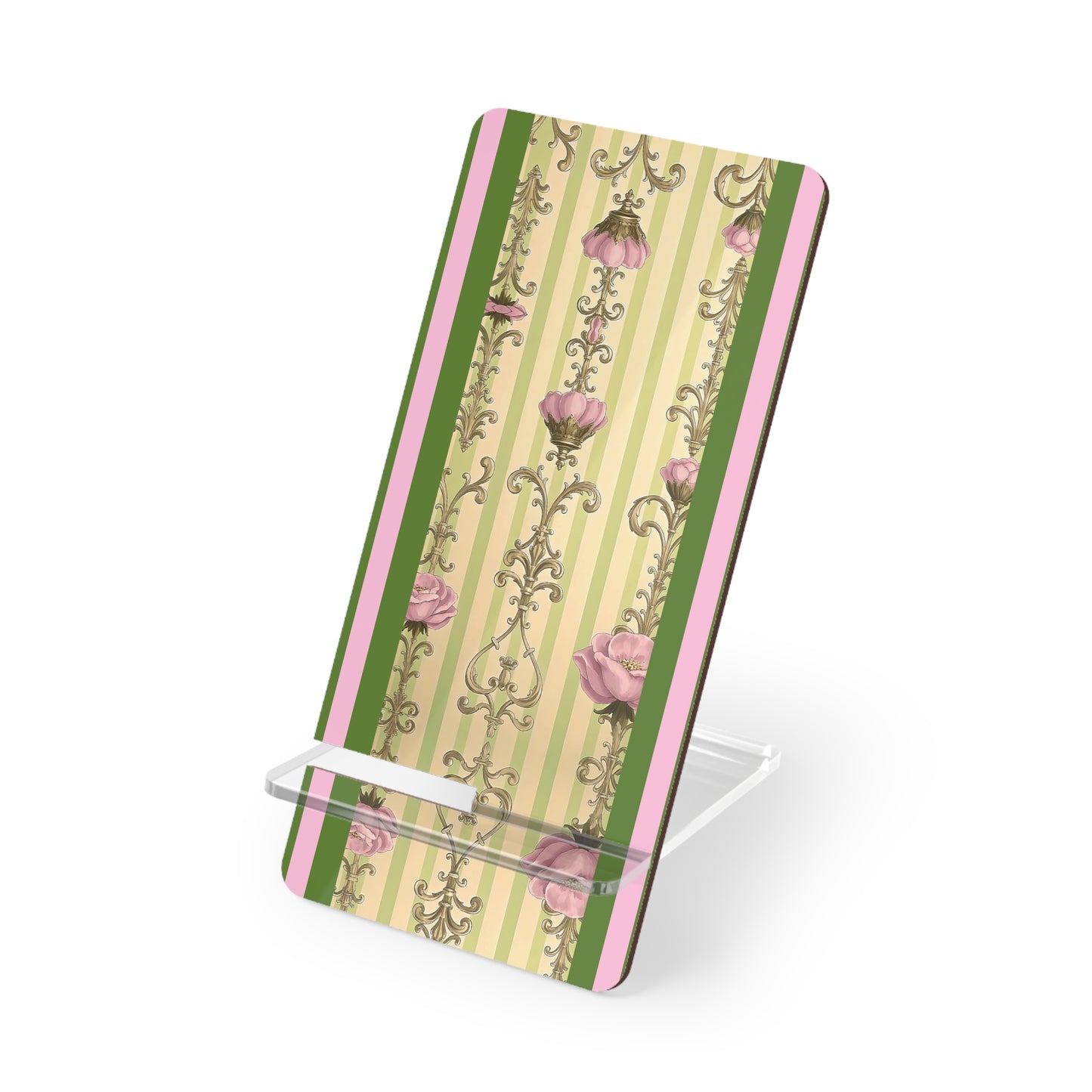 Elegant Floral Motif Smartphone Display Stand - Lime Green & Pink Striped Damask - Decorative Mobile Holder