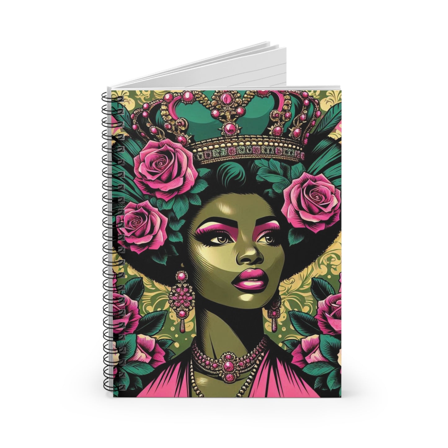 Elegant Vintage Spiral Notebook - Ruled Line with Olive Lady & Damask Design