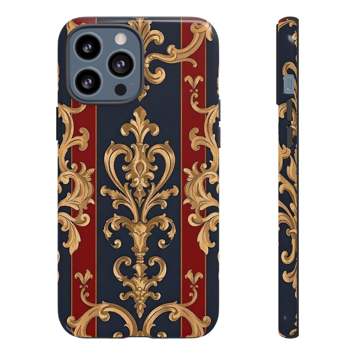 Elegant Floral Motif Phone Case - Tough Cases with Vintage Design - Midnight Blue & Dusk Red Striped Gold Damask