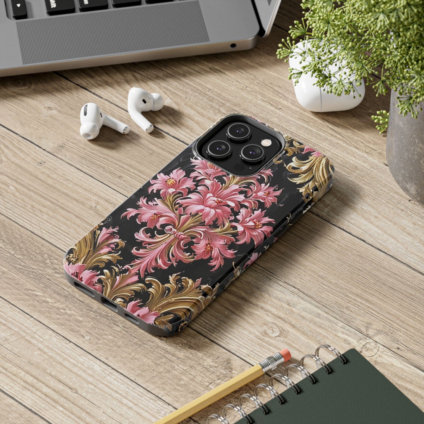 Elegant Floral Tough Phone Cases | Stylish Protection for Her | Gift for Birthdays - Black & Pink Oil Painting Style Rococo