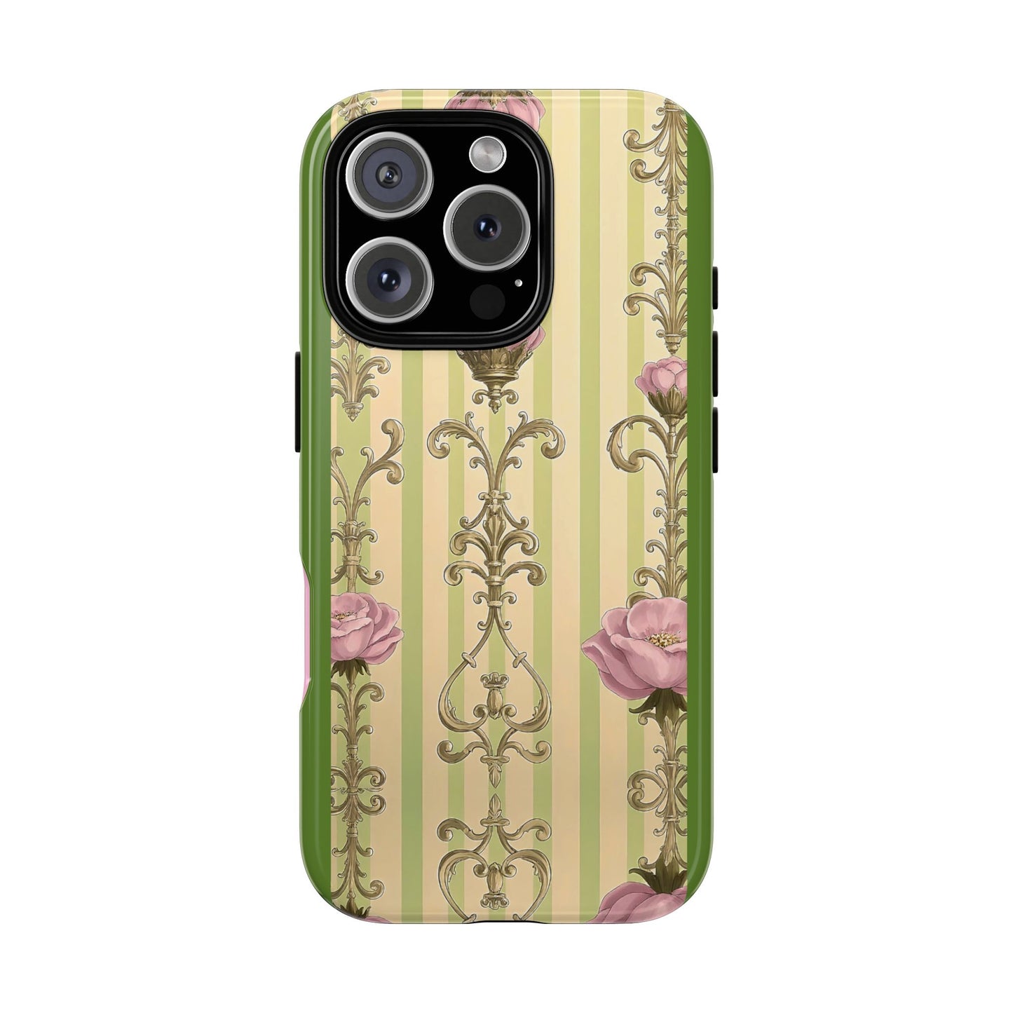 Elegant Floral Motif Phone Case - Tough Cases with Vintage Design - Lime Green & Pink Striped Damask