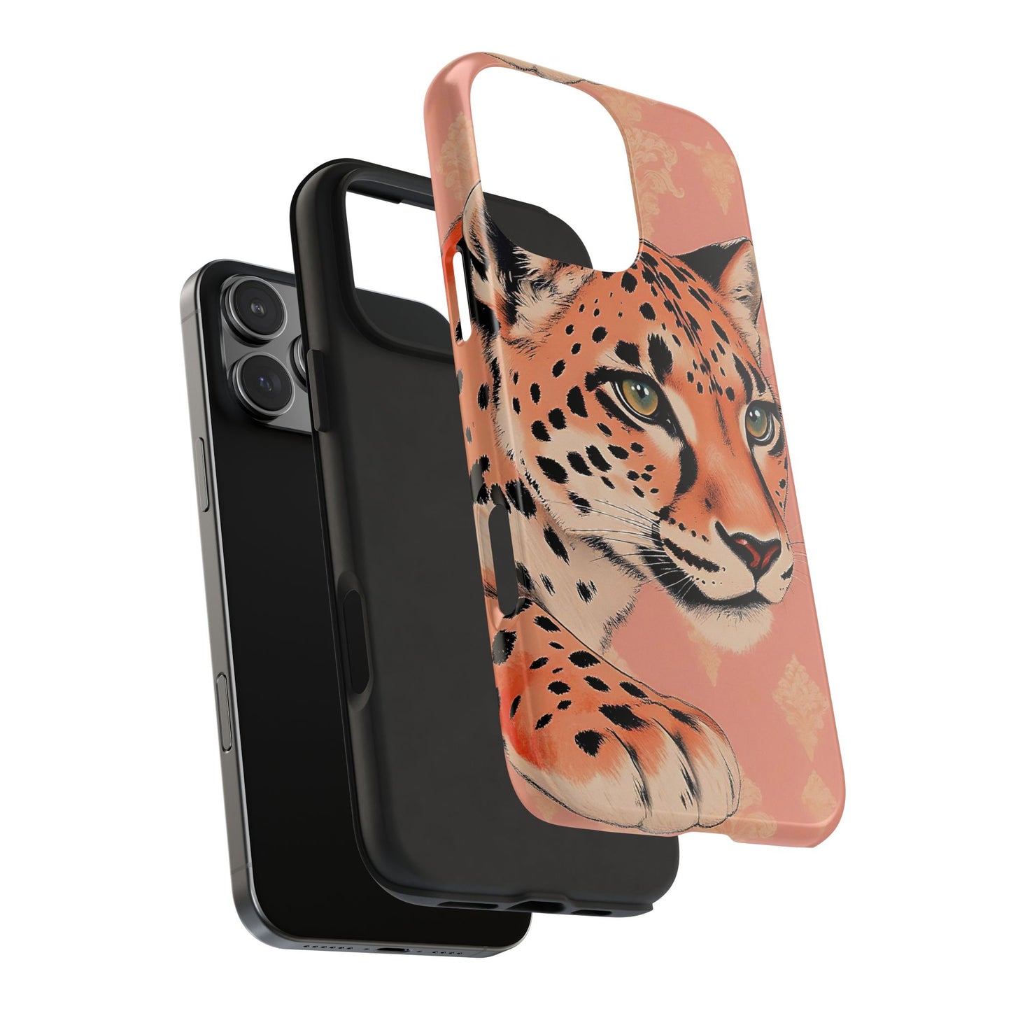 Leopard Tough Phone Case - Trendy Floral Motif Design for Animal Lovers - Peach Leopard & Damask