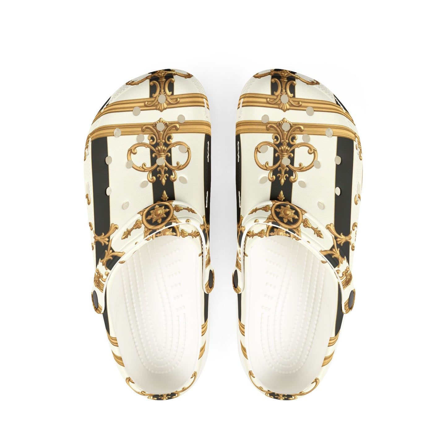 Chic EVA Foam Rubber Clogs, Stylish Gardening Shoes, Unique Pattern Slippers, Trendy Indoor/Outdoor Footwear - Black & White Striped Gold Baroque