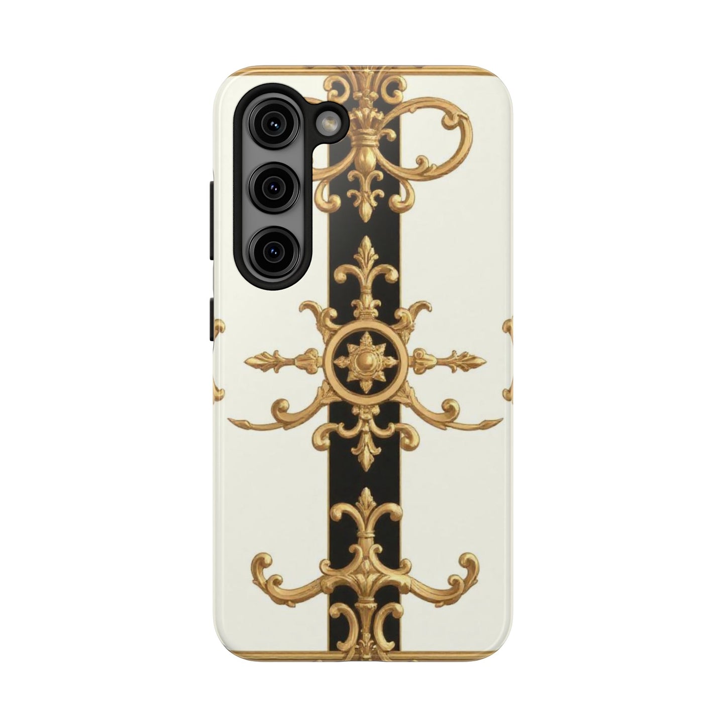 Elegant Baroque Tough Phone Case | Stylish Protection for Your Device, Gift for Her, Phone Accessories - Black & White Striped Gold Baroque