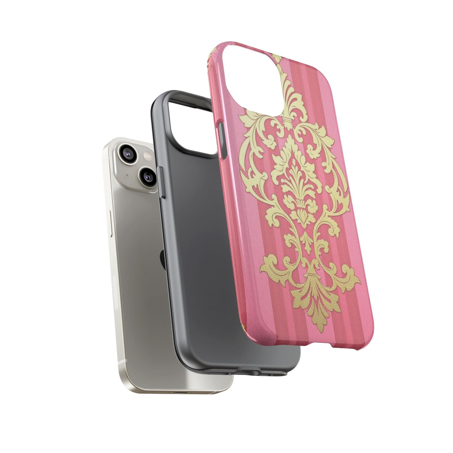 Elegant Floral Motif Phone Case - Tough Cases with Vintage Design - Pink Striped Damask