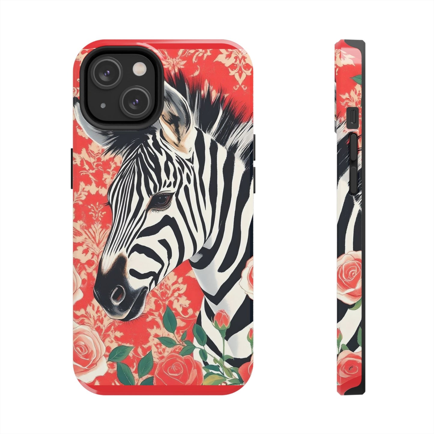 Zebra Tough Phone Case - Trendy Floral Design for Animal Lovers - Zebra With Coral Roses & Damask