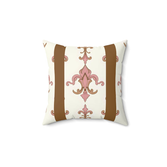 Elegant Floral Square Pillow for Home Decor, Vintage Style Cushion, Cozy Gift, Boho Chic Accent, Living Room Decor - Brown Striped Pink Arabesque