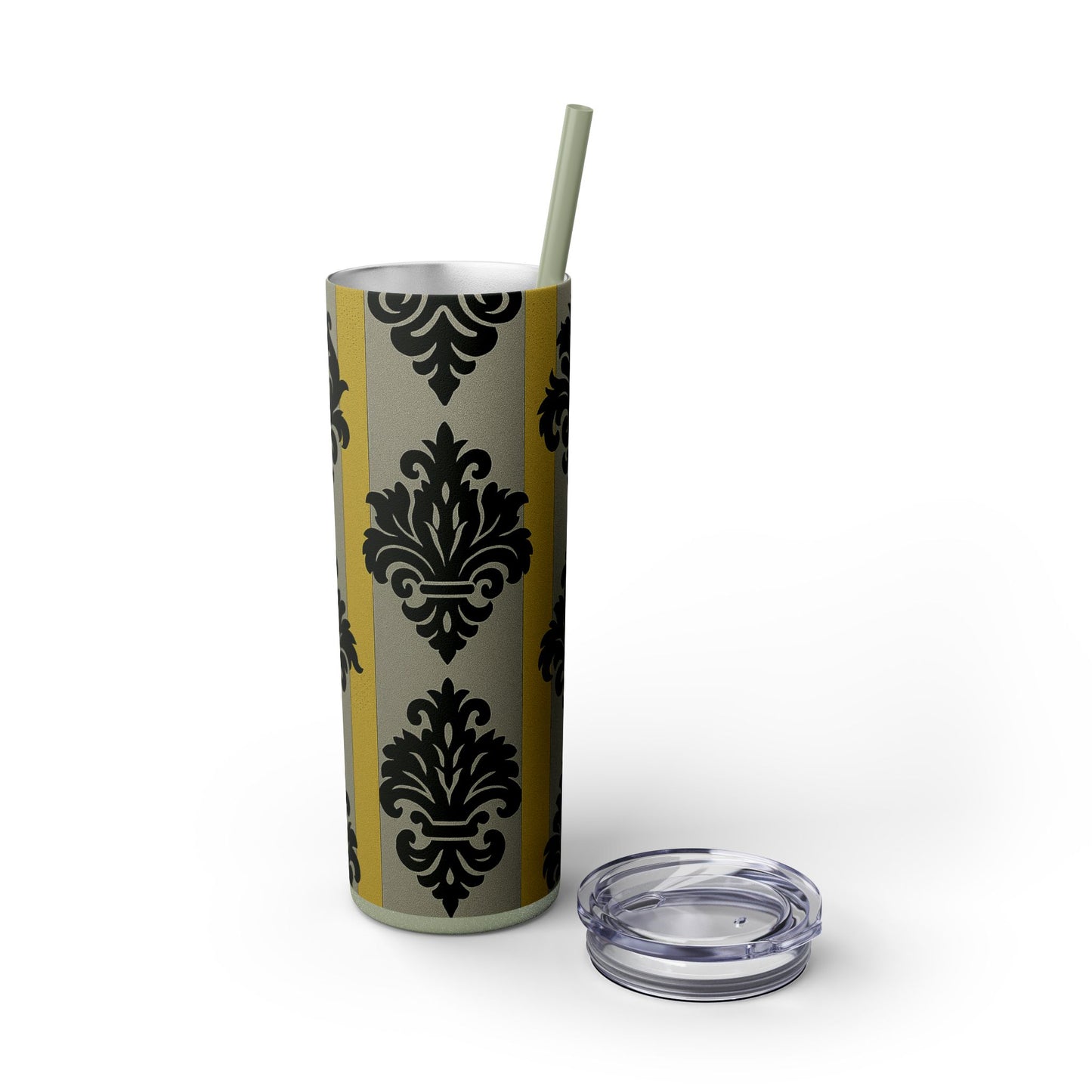 Elegant Baroque Skinny Tumbler, 20oz Travel Mug, Stylish Drinkware for Home or Office, Unique Gift for Her - Silver & Gold Striped Black Baroque
