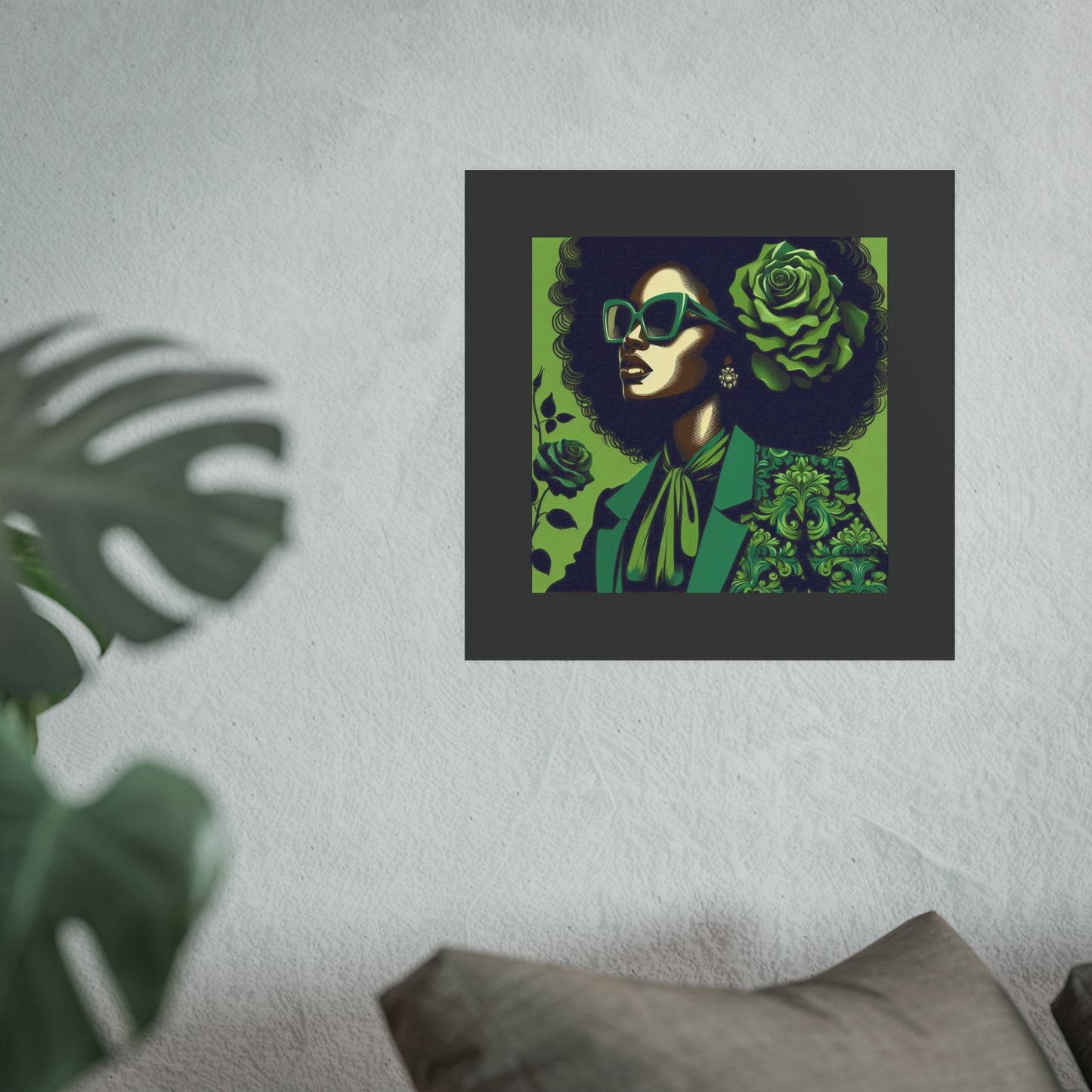 Chic Afrocentric Art Poster, Vibrant Wall Décor, Stylish Home Decoration, Damask Chic Art Print - Lady In Green Damask
