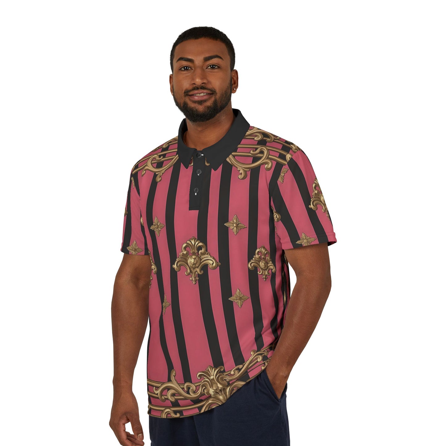Elegant Striped Unisex Polo Shirt, Stylish Casual Wear, Fashion Gift, Summer Outfit - Pink Striped Gold Rococo