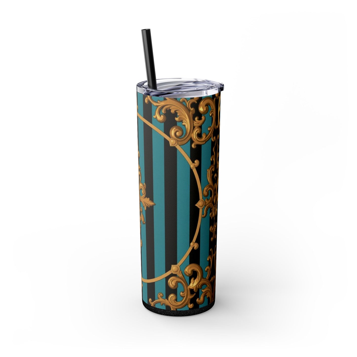 Elegant Turquoise & Black Striped Gold Baroque Skinny Tumbler with Straw, 20oz, Stylish Travel Mug, Party Favor, Birthday Gift, Drinkware