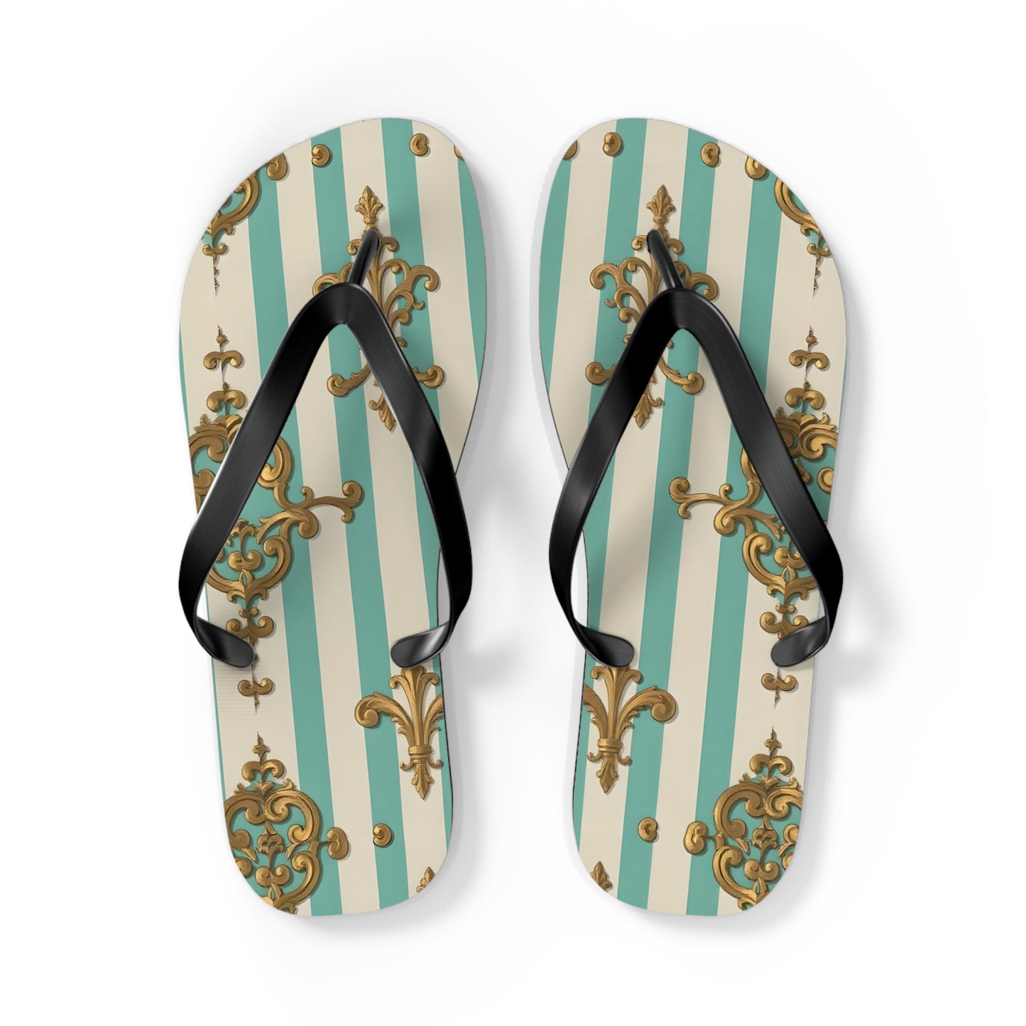 Chic Floral Flip Flops - Summer Sandals, Beach Footwear, Vacation Ready, Boho Style, Gift for Her - Matte Green Striped Rococo
