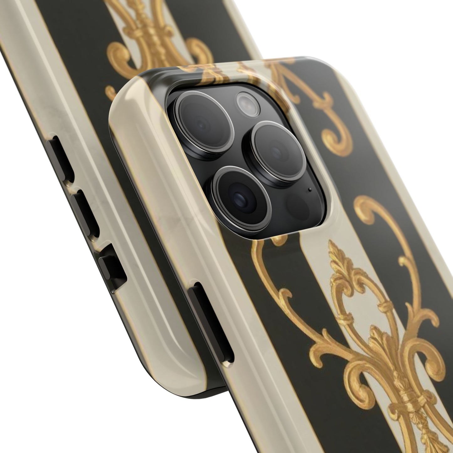 Elegant Black & Alabaster Striped Baroque Tough Phone Cases - Chic Protection, Black Gold Decor, Stylish Accessory, Gift for Her, Trendy Tech