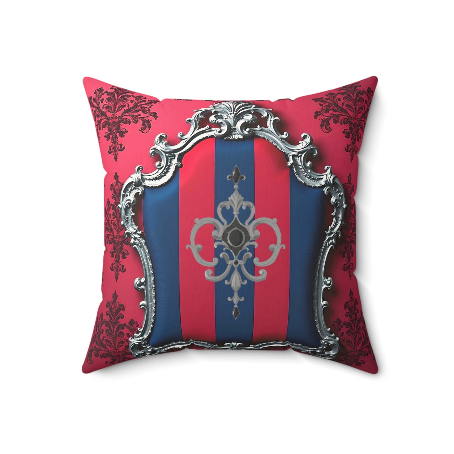 Luxurious Faux Suede Square Pillow with Elegant Pattern, Home Decor, Sofa Accent, Living Room Accent - Blue & Red Striped Silver Crest