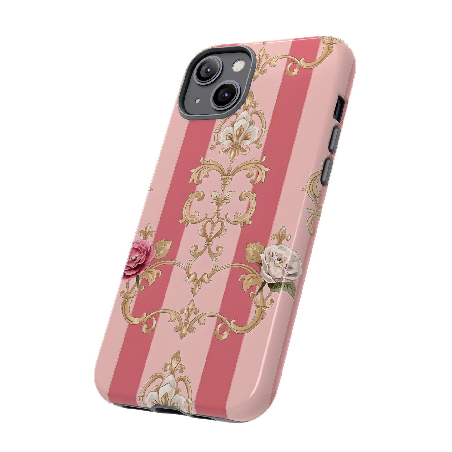 Elegant Floral Motif Phone Case - Tough Cases with Vintage Design - Pink Striped Roses & Damask