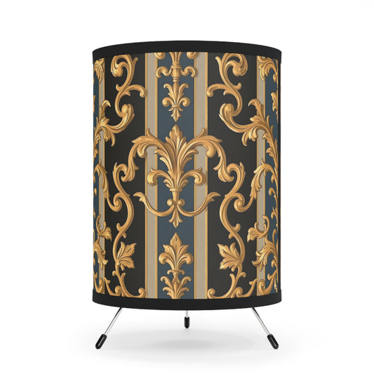 Elegant Tripod Lamp with Vintage Gold Floral Design, Home Decor, Table Lamp, Bohemian Interior - Blue & Black Striped Rococo