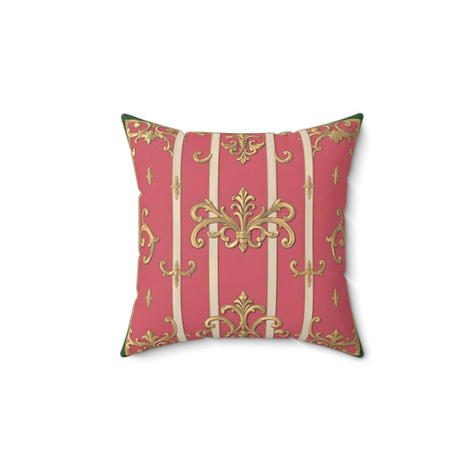 Elegant Faux Suede Green Border Striped Pink Baroque Square Pillow, Decorative Pillow for Living Room, Home Decor Accent