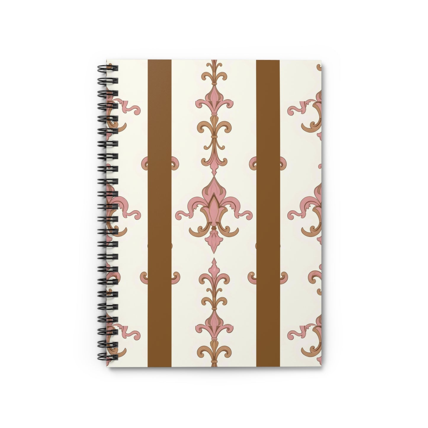 Elegant Floral Spiral Notebook - Ruled Lines, Journaling, Note Taking, Gift, Stationery, School Supplies - Brown Striped Pink Arabesque